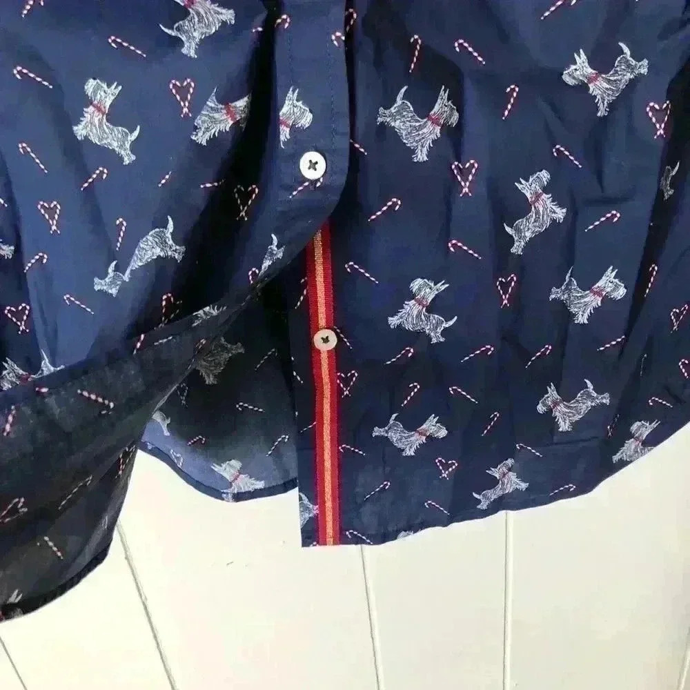 Talbots Christmas Holiday Theme Dog Printed Button Down Navy Cotton Shirt XS - Picture 5 of 7